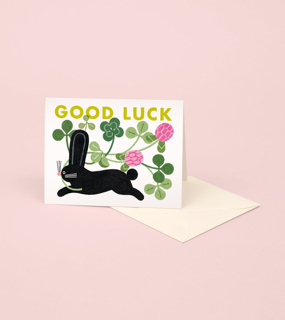 Bunny with 4 Leaf Clover Good Luck Card