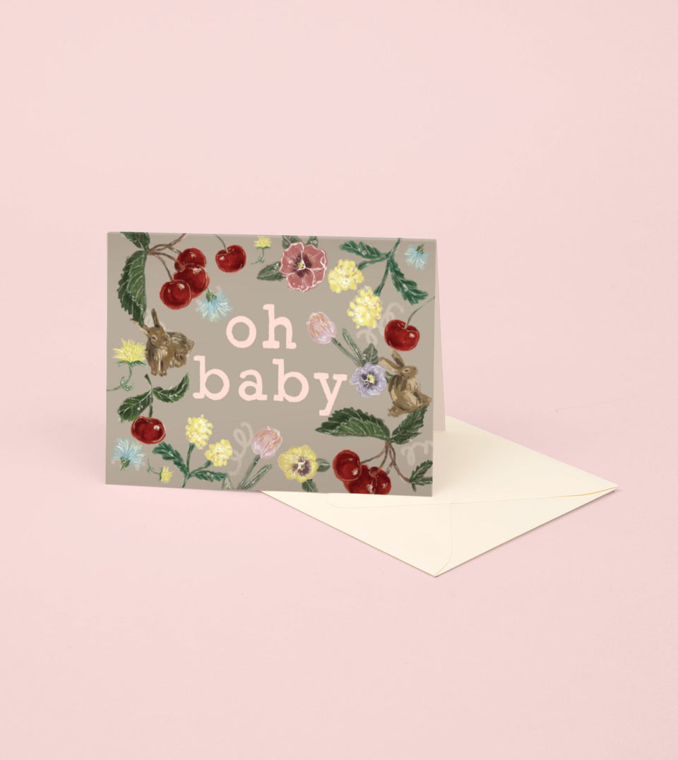 Bunny and Cherry Baby Card - Warm Grey - GMXF37 - Clap Clap