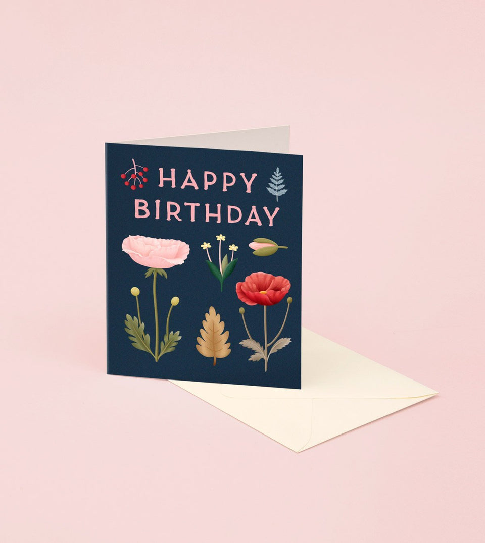 Foraged Poppy Floral Birthday Card - Navy - GB25 - Clap Clap