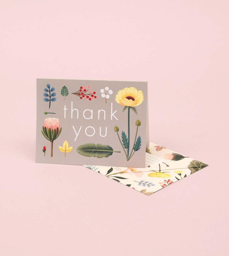 Pastel Flower Botanical Thank You Card - Grey - GT13 - Clap Clap