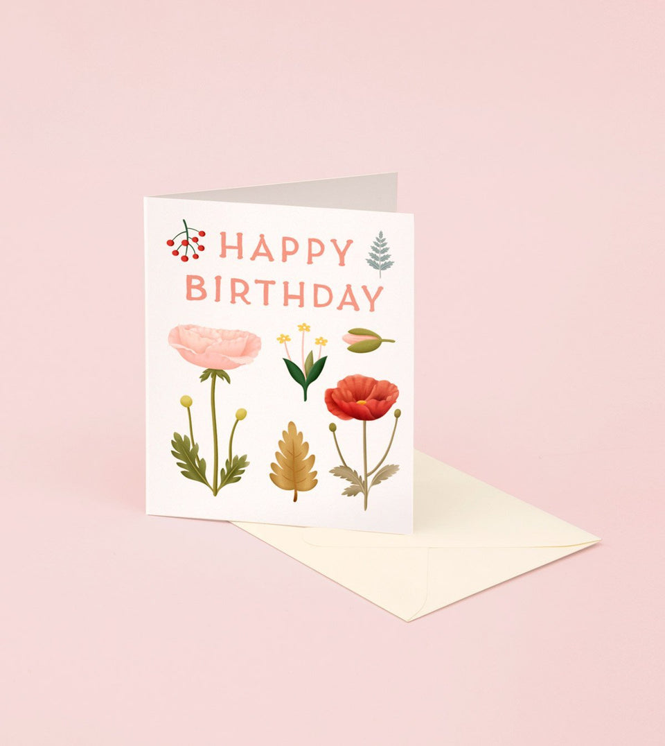 Foraged Poppy Floral Birthday Card - Cream - GB26 - Clap Clap