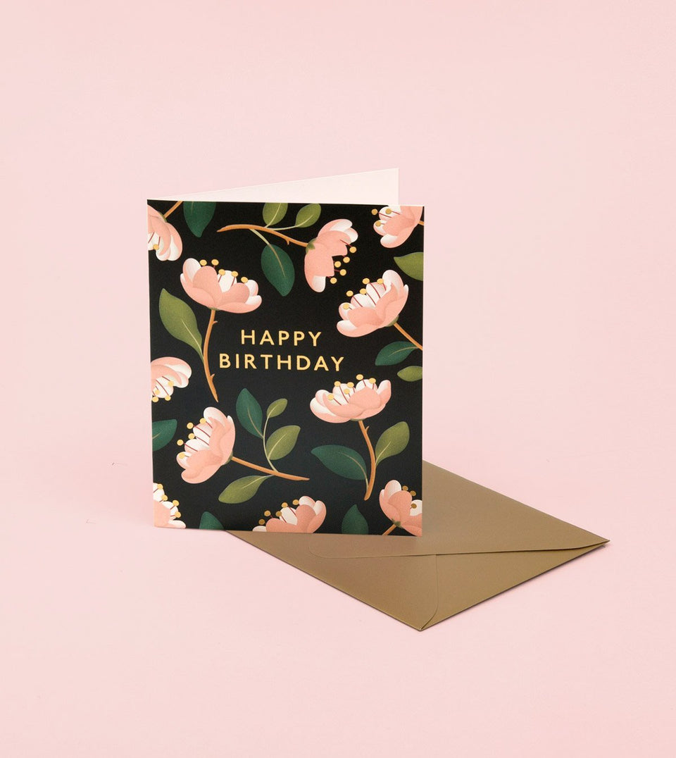 Gold Magnolia Birthday Card - Black - GB12 - Clap Clap