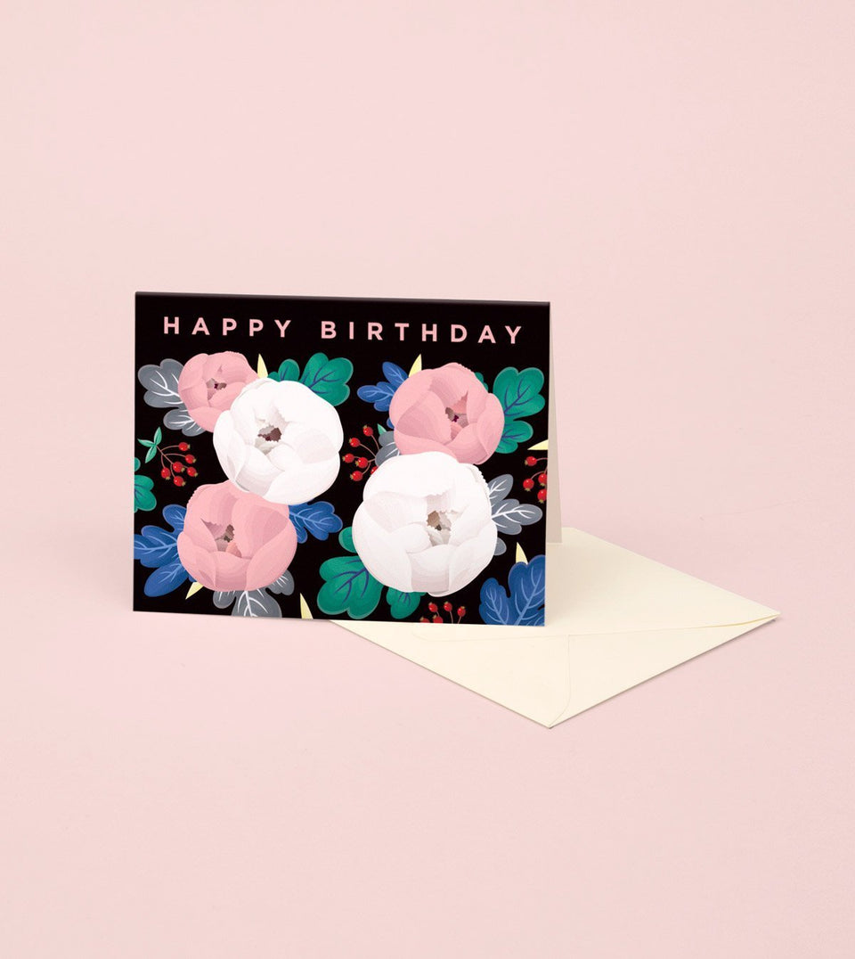 Peony Birthday Card - Black - GB08 - Clap Clap