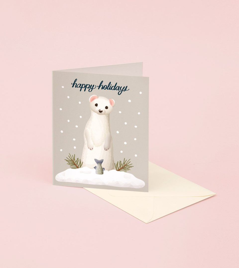 White Weasel Winter Holiday Card - Grey - GH12 - Clap Clap